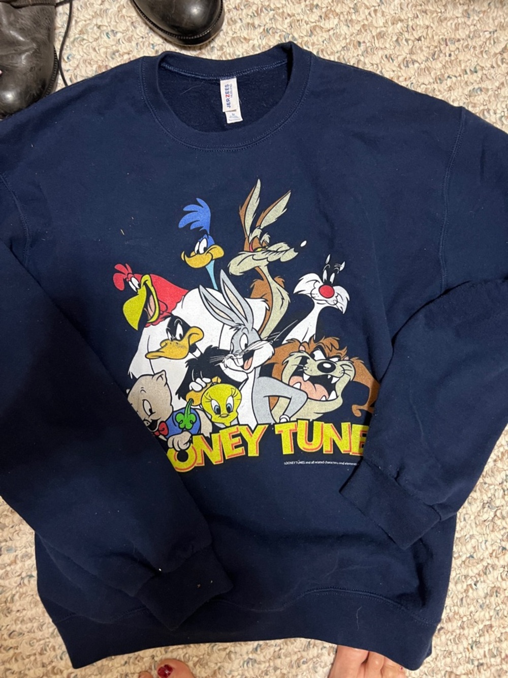 Jerzees Navy Blue Crewneck Sweatshirt with Yellow Graphic